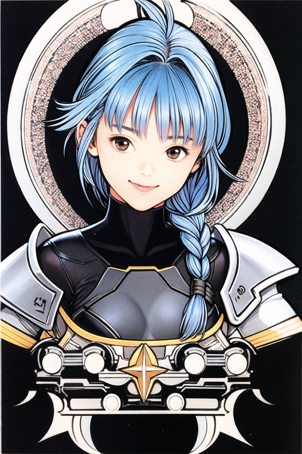 04651-110749948-1girl, solo, braid, armor, blue hair, smile, brown eyes, looking at viewer, ahoge, upper body, short hair, breastplate, black ba.png